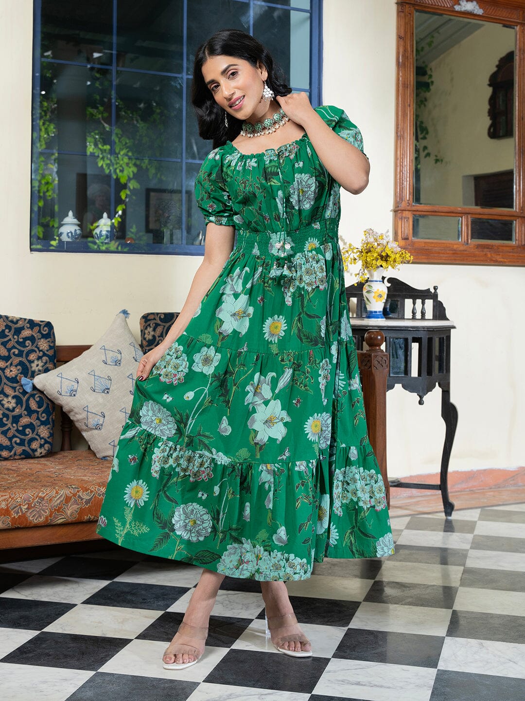 Floral Printed Puff Sleeve Smocked Cotton Tiered Fit & Flare Dresses Rangdeep Floral Printed Puff Sleeve Smocked Cotton Tiered Fit & Flare Dresses Rangdeep