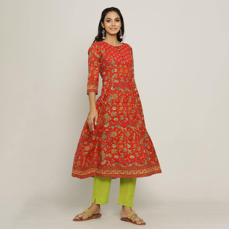 Rang Deep Women Set of Red & Green Cotton Kurti With Pant Kurti Rangdeep-Fashions 