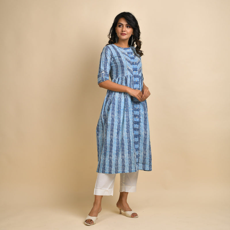 Rangdeep Indigo Stripes Calf length Cotton Kurti Kurti Rangdeep-Fashions 