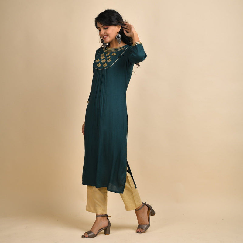 RangDeep Women Rayon Green Embroidered Straight Kurti Kurti Rangdeep-Fashions Medium 