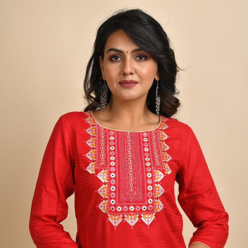 RangDeep Women Rayon Red Embroidered Straight Kurti Kurti Rangdeep-Fashions 