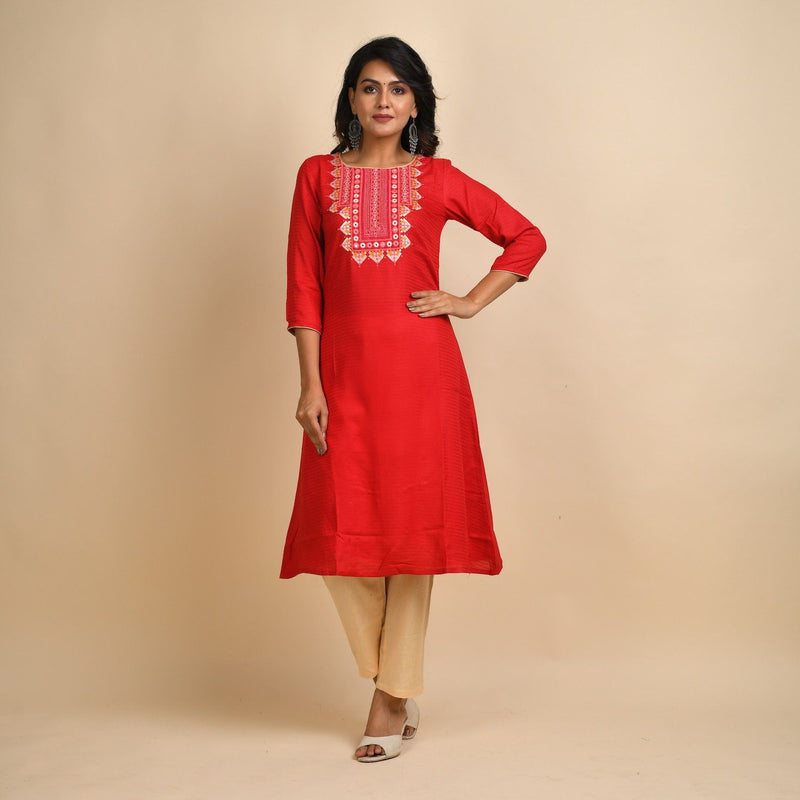 RangDeep Women Rayon Red Embroidered Straight Kurti Kurti Rangdeep-Fashions Small 