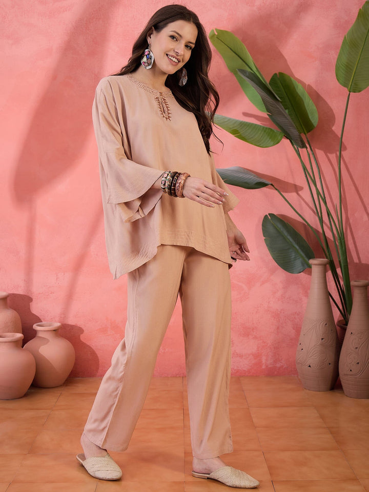 Beige Color Solid Print Co-ords Set for Women Co-ord Sets Rangdeep-Fashions 
