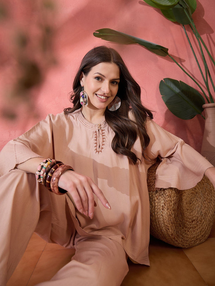 Beige Color Solid Print Co-ords Set for Women Co-ord Sets Rangdeep-Fashions 