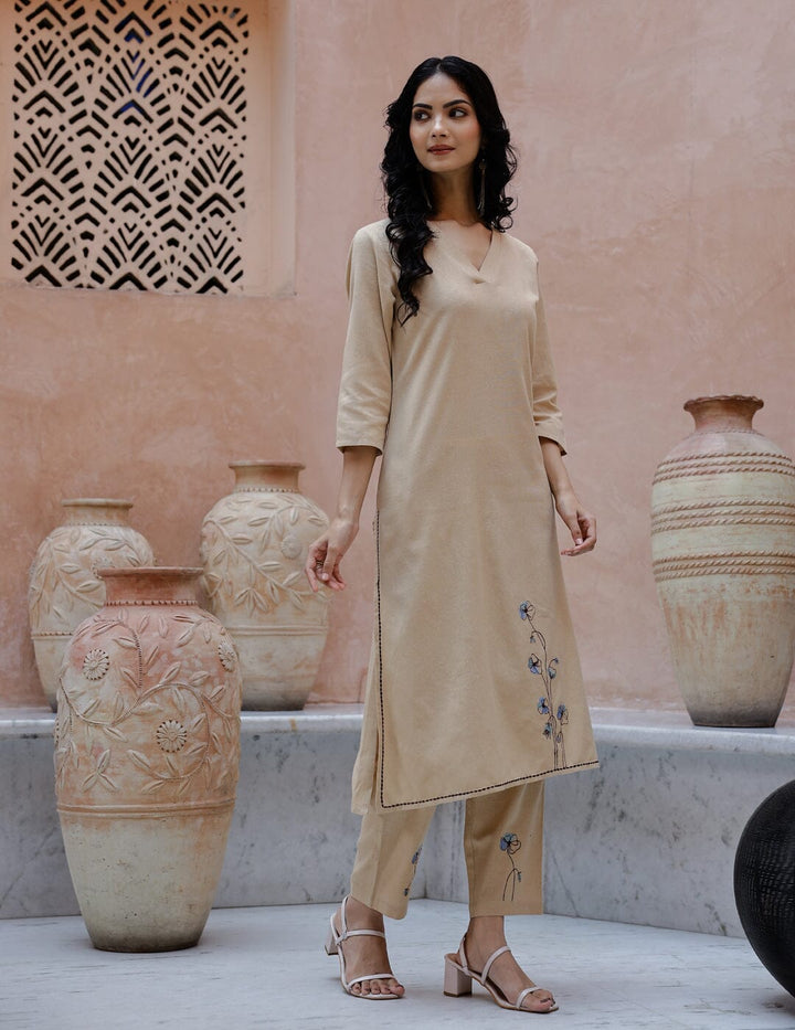 Beige Solid Print Cotton Kurta Set Kurti set Rangdeep-Fashions 