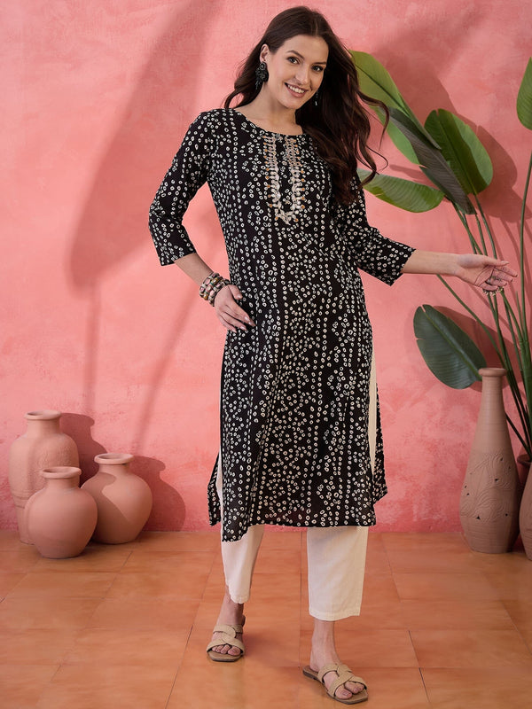 Black Printed Round Neck Cotton Kurta Kurta Rangdeep-Fashions 