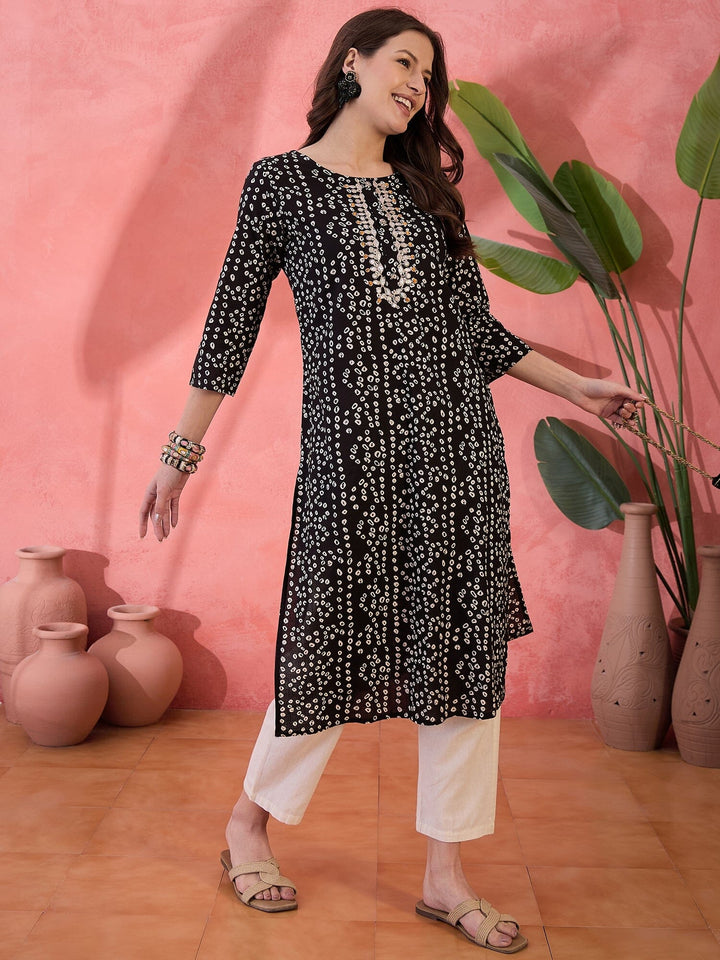 Black Printed Round Neck Cotton Kurta Kurta Rangdeep-Fashions 