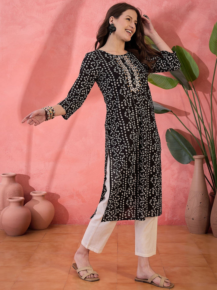 Black Printed Round Neck Cotton Kurta Kurta Rangdeep-Fashions 