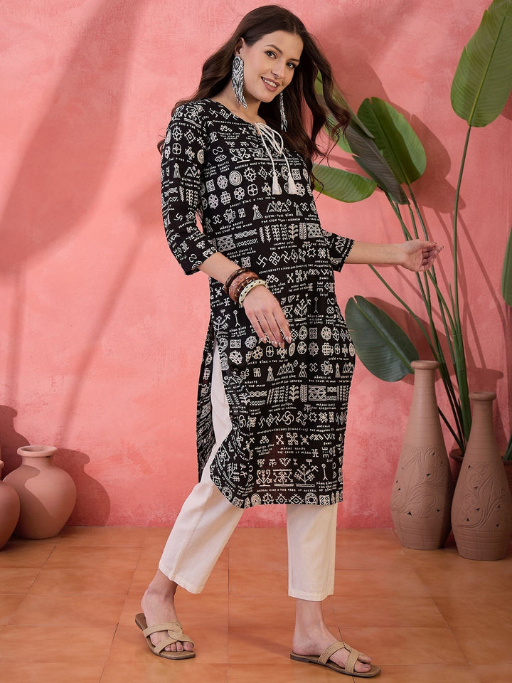 Black Religion Printed Cotton Kurta Kurta Rangdeep-Fashions 