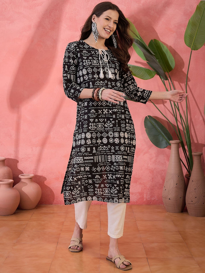 Black Religion Printed Cotton Kurta Kurta Rangdeep-Fashions 