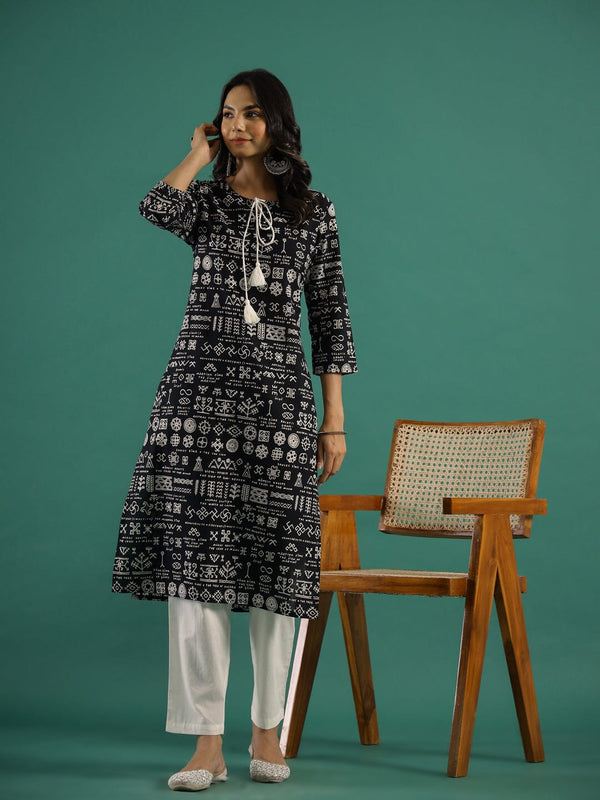 Black Tassel Printed Kurti Set muslin kurta Rangdeep-Fashions 