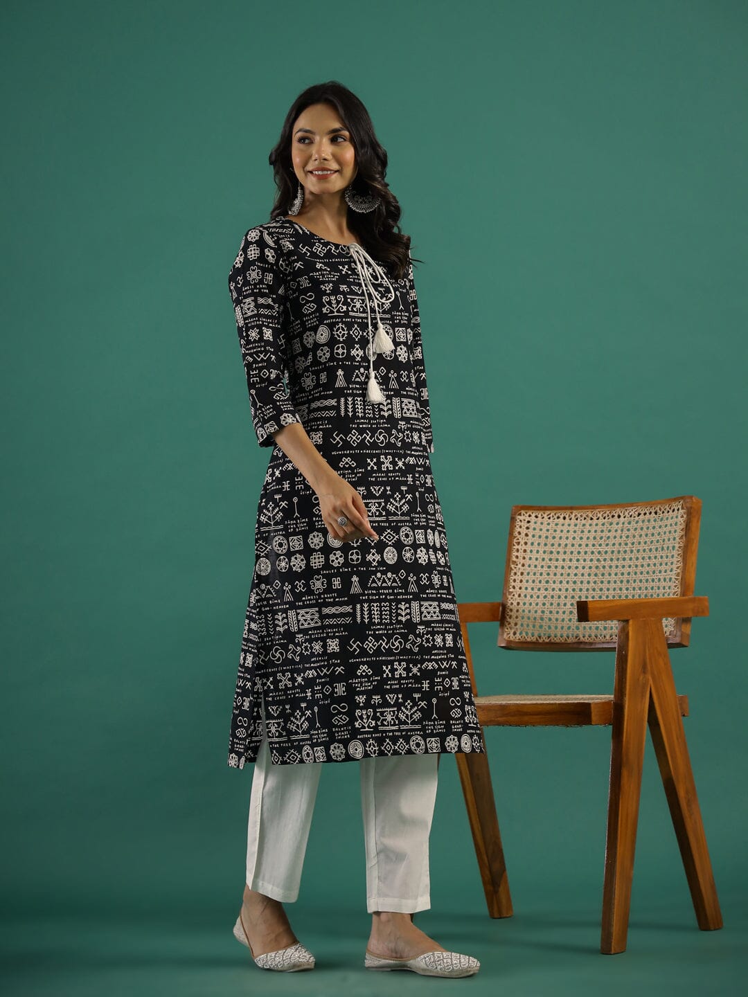 Black Tassel Printed Kurti Set muslin kurta Rangdeep-Fashions 