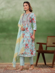 Blue Cotton Kurta Set with Dupatta Kurti set SANSKRUTI HOMES 