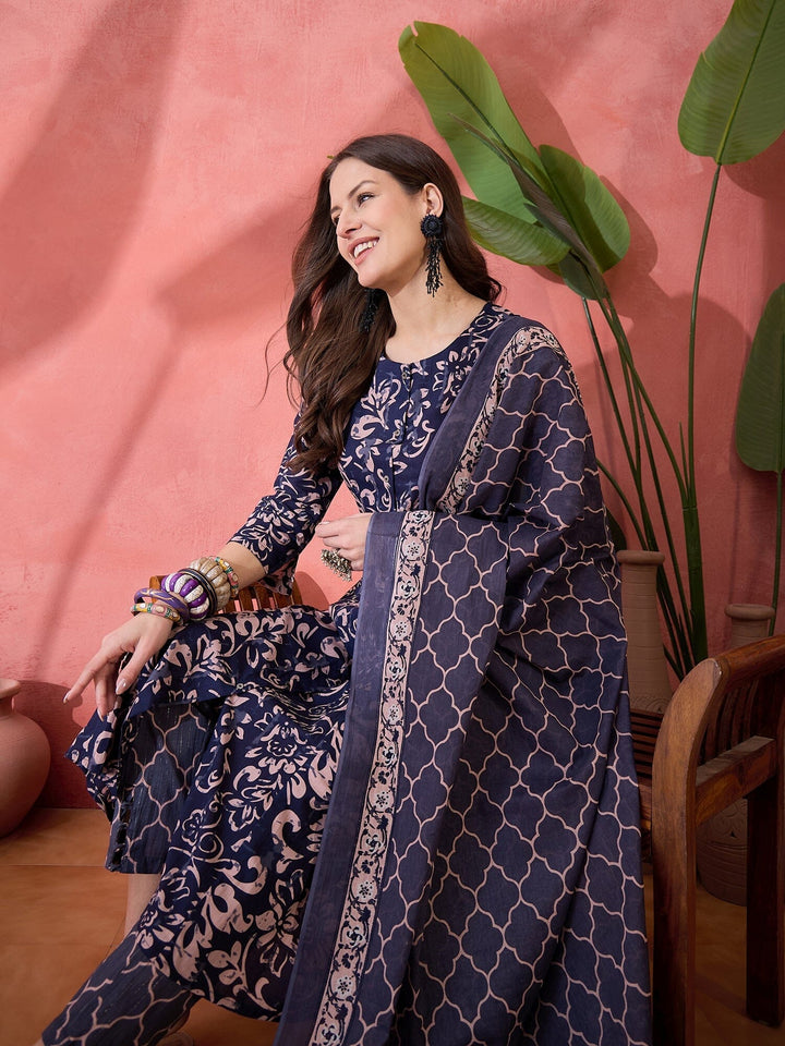 Blue Floral Printed Cotton Kurta Set for Women Kurta set Rangdeep-Fashions 