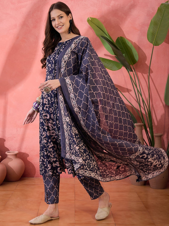 Blue Floral Printed Cotton Kurta Set for Women Kurta set Rangdeep-Fashions 