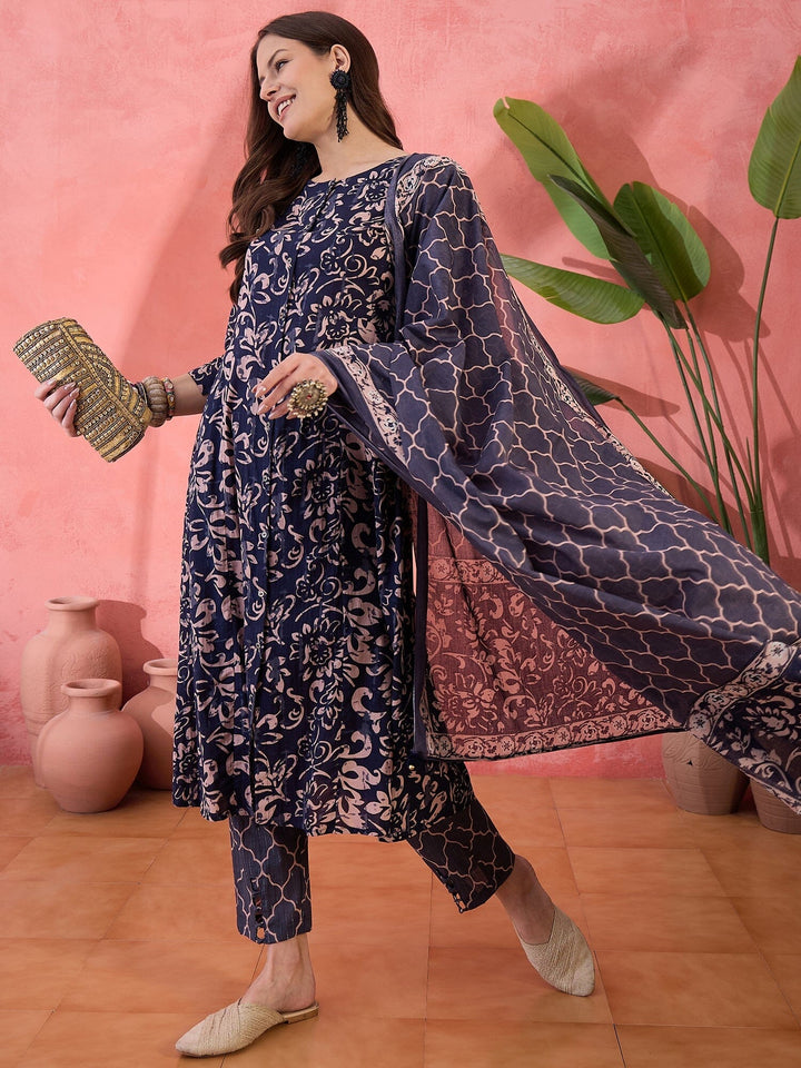 Blue Floral Printed Cotton Kurta Set for Women Kurta set Rangdeep-Fashions 