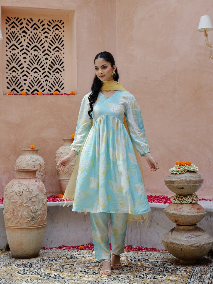 Blue Floral Printed Cotton Kurta Set Kurti set Rangdeep-Fashions 