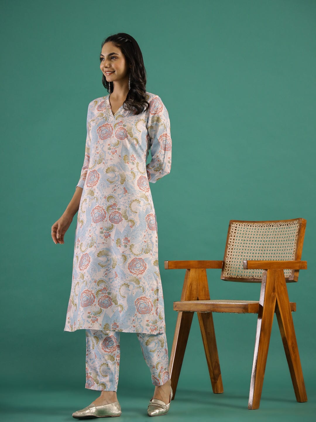 Blue Floral Printed Kurta Set for Women Kurta set Rangdeep-Fashions 