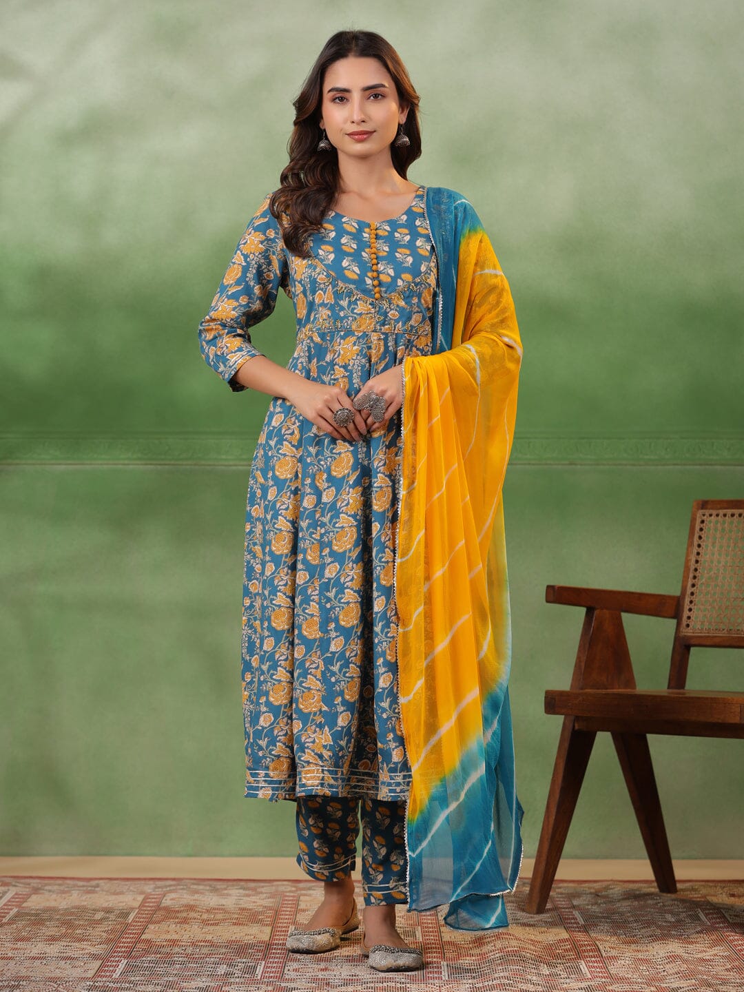 Blue Floral Printed Kurta Set with Dupatta Kurta set Rangdeep-Fashions 