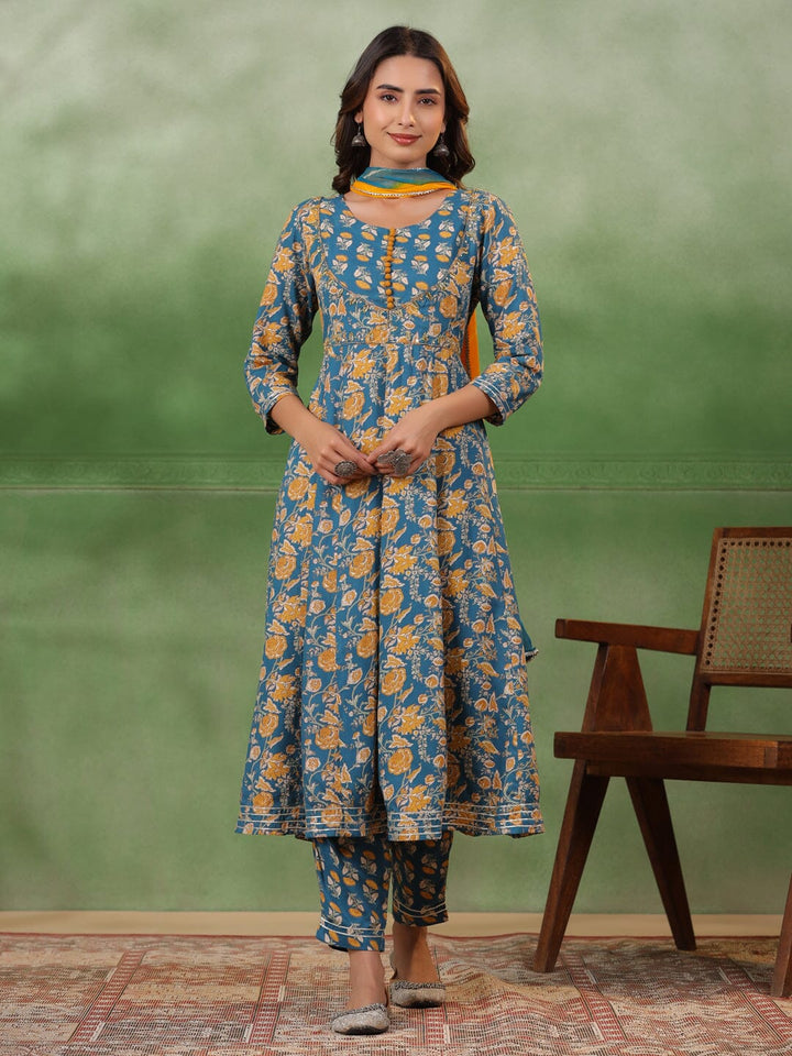 Blue Floral Printed Kurta Set with Dupatta Kurta set Rangdeep-Fashions 