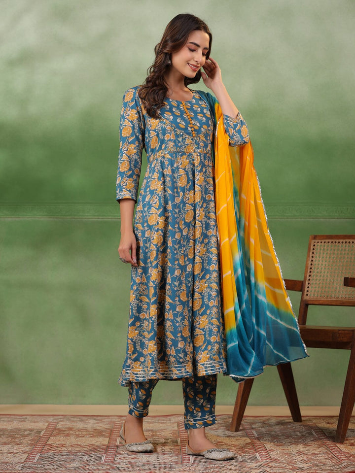 Blue Floral Printed Kurta Set with Dupatta Kurta set Rangdeep-Fashions 