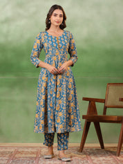 Blue Floral Printed Kurta Set with Dupatta Kurta set Rangdeep-Fashions 