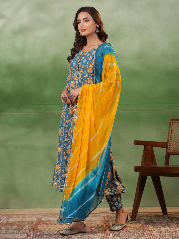 Blue Floral Printed Kurta Set with Dupatta Kurta set Rangdeep-Fashions 