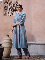 Blue Floral Printed Round Neck Kurta Set Kurta set Rangdeep-Fashions 