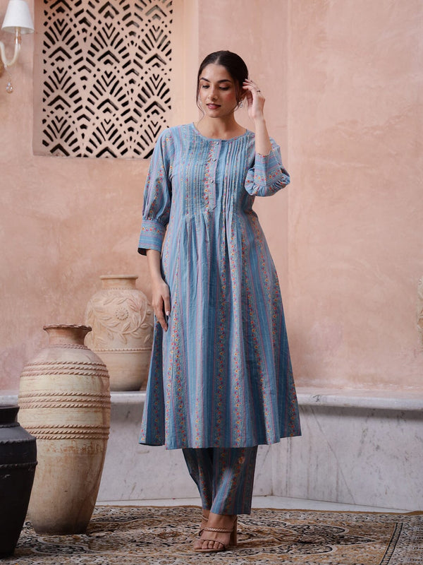 Blue Floral Printed Round Neck Kurta Set Kurta set Rangdeep-Fashions 