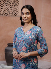 Blue Floral Printed V-Neck Kurta for Women Kurta set Rangdeep-Fashions 