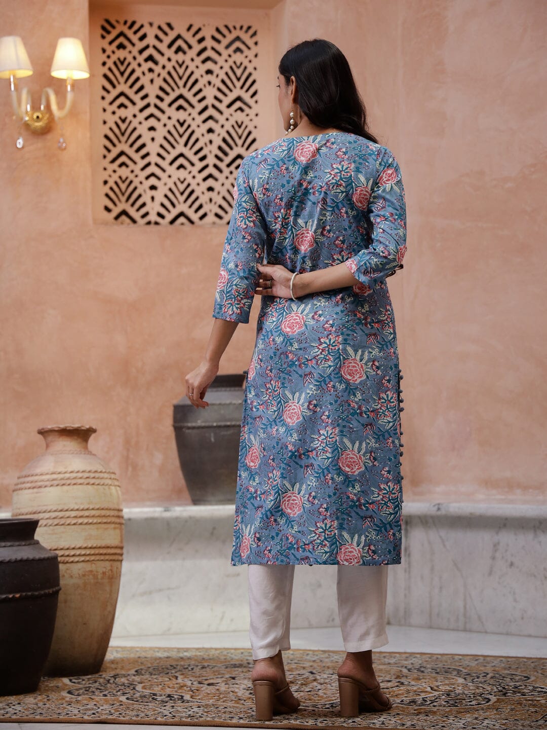 Blue Floral Printed V-Neck Kurta for Women Kurta set Rangdeep-Fashions 