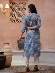 Blue Floral Printed V-Neck Kurta for Women Kurta set Rangdeep-Fashions 