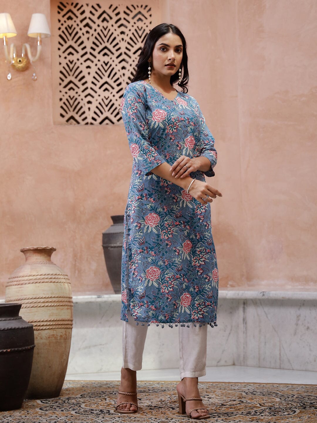 Blue Floral Printed V-Neck Kurta for Women Kurta set Rangdeep-Fashions 