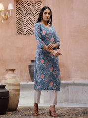 Blue Floral Printed V-Neck Kurta for Women Kurta set Rangdeep-Fashions 