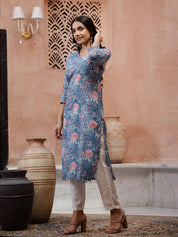 Blue Floral Printed V-Neck Kurta for Women Kurta set Rangdeep-Fashions 