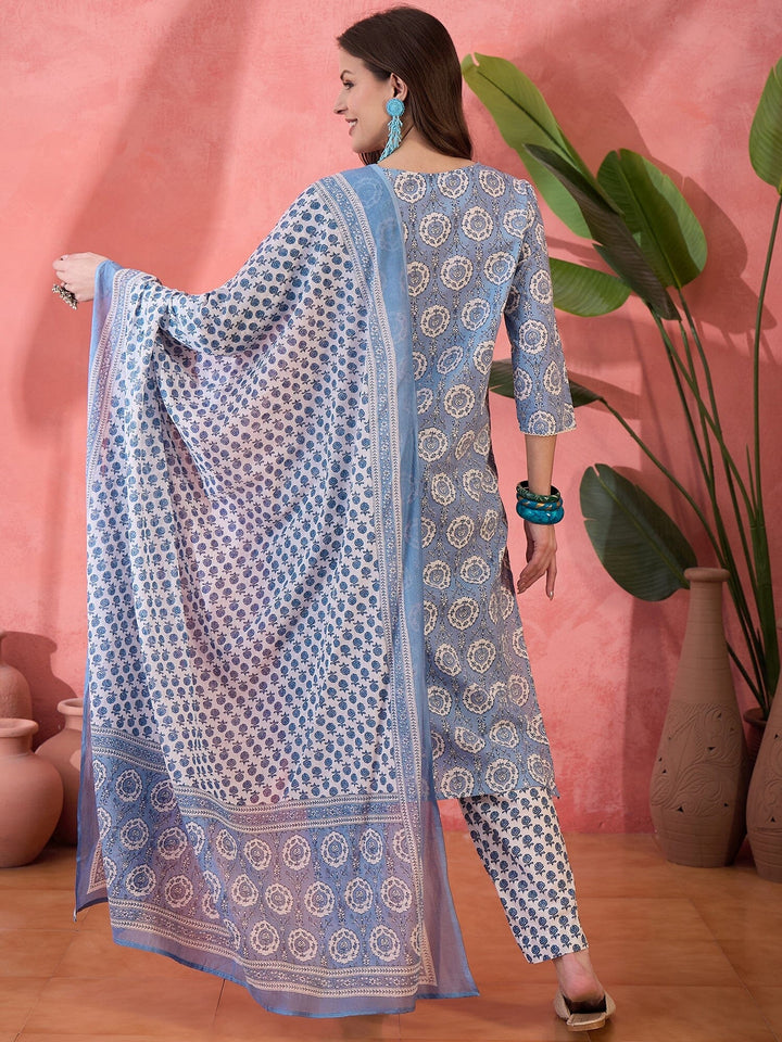Blue Floral Printed V-Neck Kurta Set for Women Kurta set Rangdeep-Fashions 