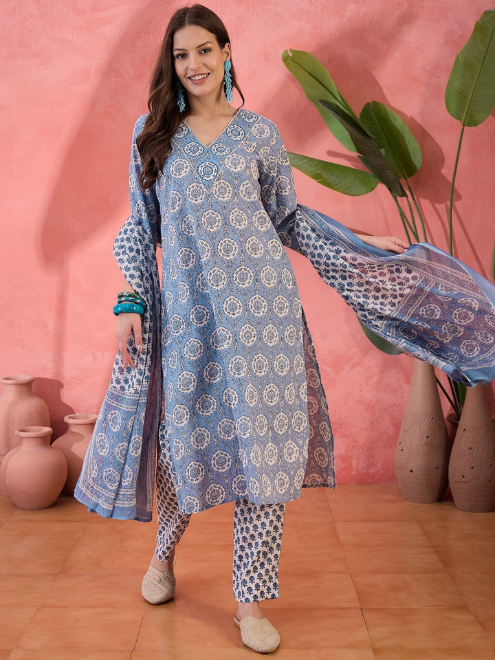 Blue Floral Printed V-Neck Kurta Set for Women Kurta set Rangdeep-Fashions 