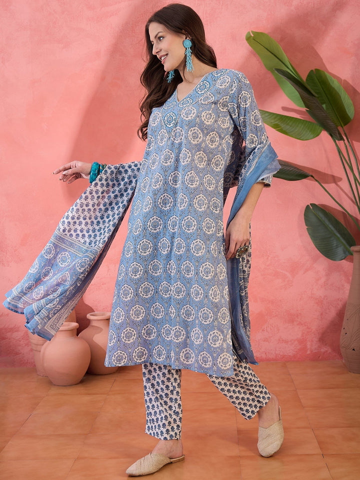 Blue Floral Printed V-Neck Kurta Set for Women Kurta set Rangdeep-Fashions 