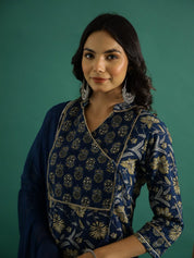 Blue Floral Printed V-Neck Kurta Set with Dupatta Kurta set Rangdeep-Fashions 