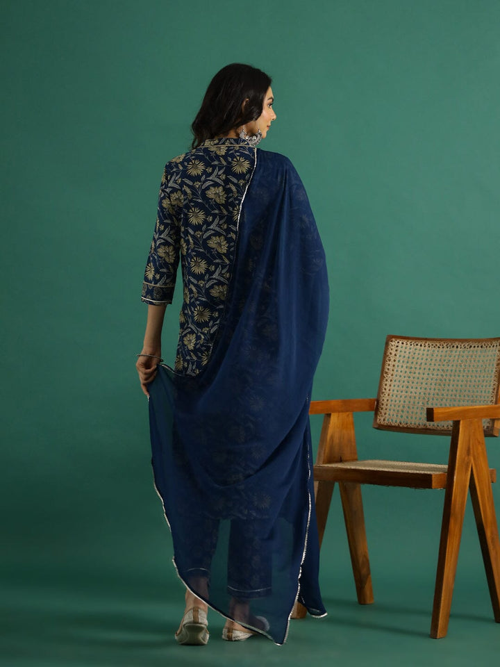 Blue Floral Printed V-Neck Kurta Set with Dupatta Kurta set Rangdeep-Fashions 