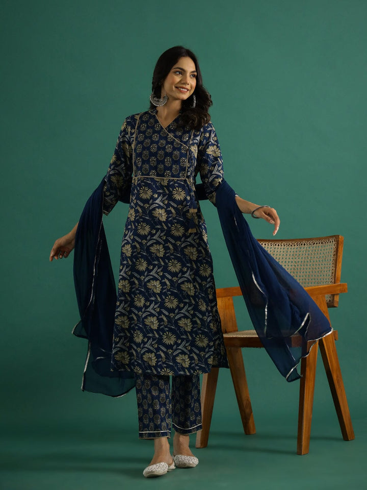 Blue Floral Printed V-Neck Kurta Set with Dupatta Kurta set Rangdeep-Fashions 