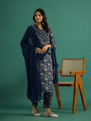 Blue Floral Printed V-Neck Kurta Set with Dupatta Kurta set Rangdeep-Fashions 