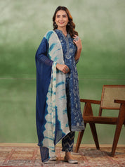 Blue Flower Printed Cotton kurta Suit Set Kurti set Rangdeep-Fashions 