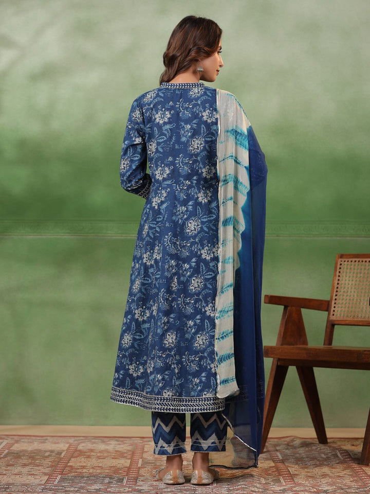 Blue Flower Printed Cotton kurta Suit Set Kurti set Rangdeep-Fashions 