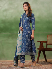 Blue Flower Printed Cotton kurta Suit Set Kurti set Rangdeep-Fashions 