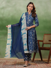 Blue Flower Printed Cotton kurta Suit Set Kurti set Rangdeep-Fashions 