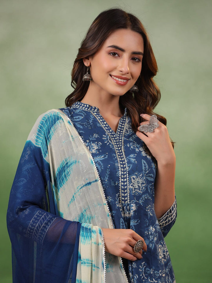 Blue Flower Printed Cotton kurta Suit Set Kurti set Rangdeep-Fashions 