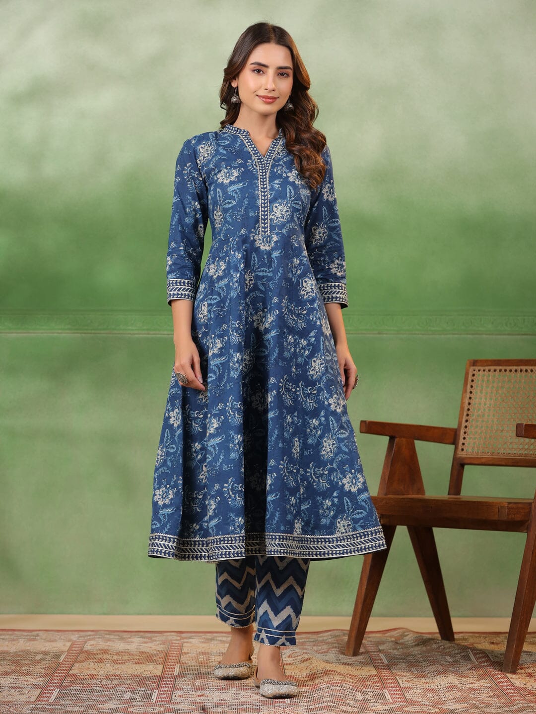 Blue Flower Printed Cotton kurta Suit Set Kurti set Rangdeep-Fashions 