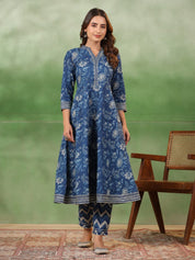 Blue Flower Printed Cotton kurta Suit Set Kurti set Rangdeep-Fashions 