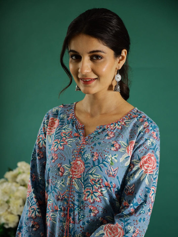 Blue Flower Printed Round Neck Cotton Kurta Kurti SANSKRUTI HOMES 